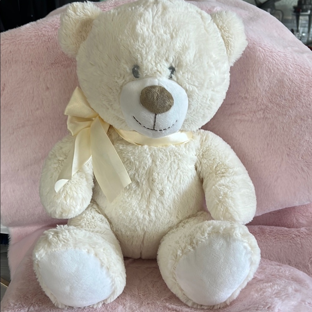 Cream Stuffed Teddy Bear with Bow - Picture 1 of 4